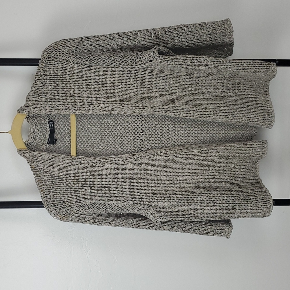 Eileen Fisher cable cardigan women open front 3/4 sleeve gray viscose polyester